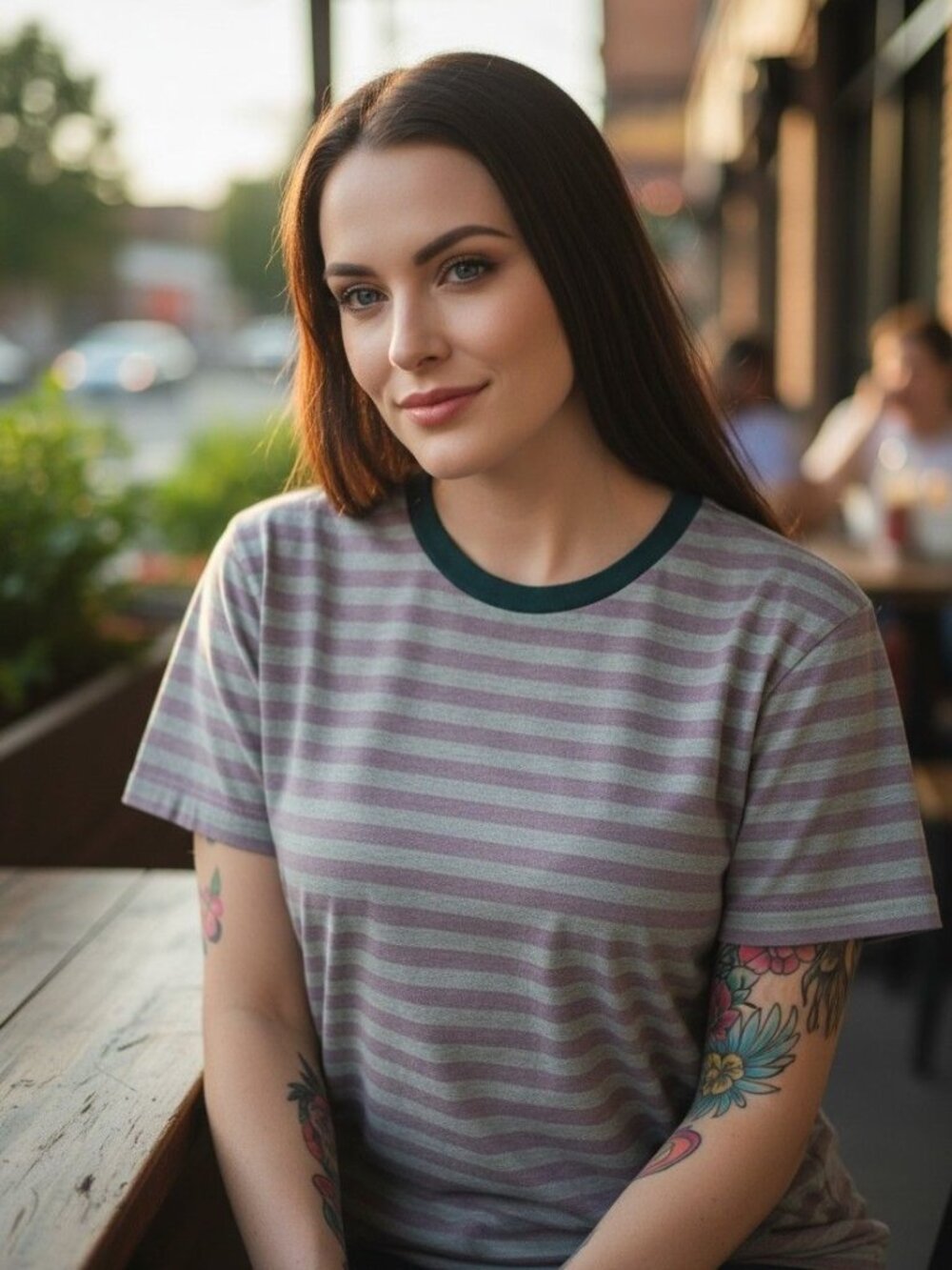 No Boundaries ✦ Purple & Gray Striped Ringer Tee ✦ Teal Neckline Size S